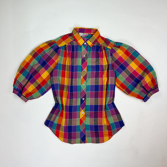 1980's Rainbow Plaid Puff Sleeve