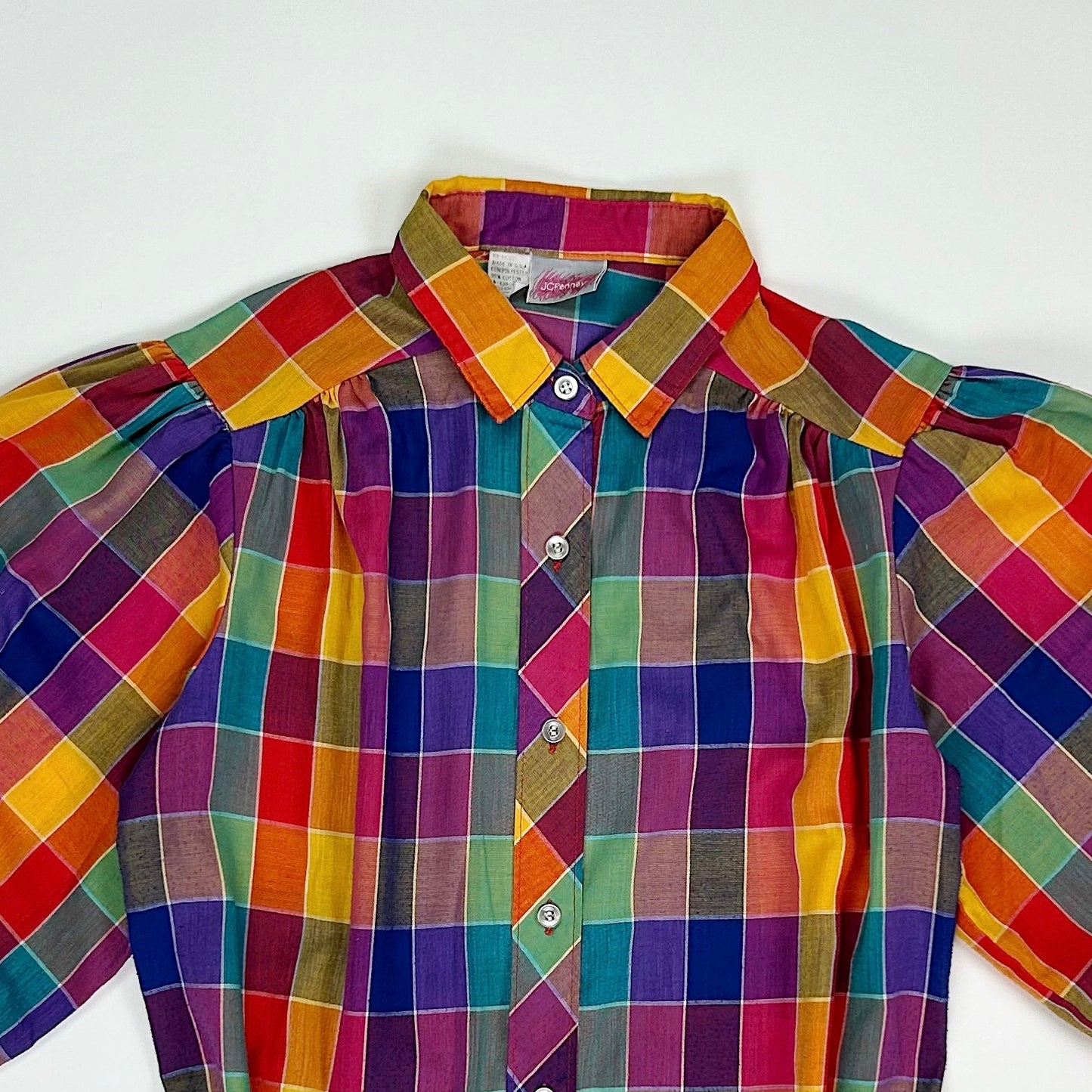 1980's Rainbow Plaid Puff Sleeve