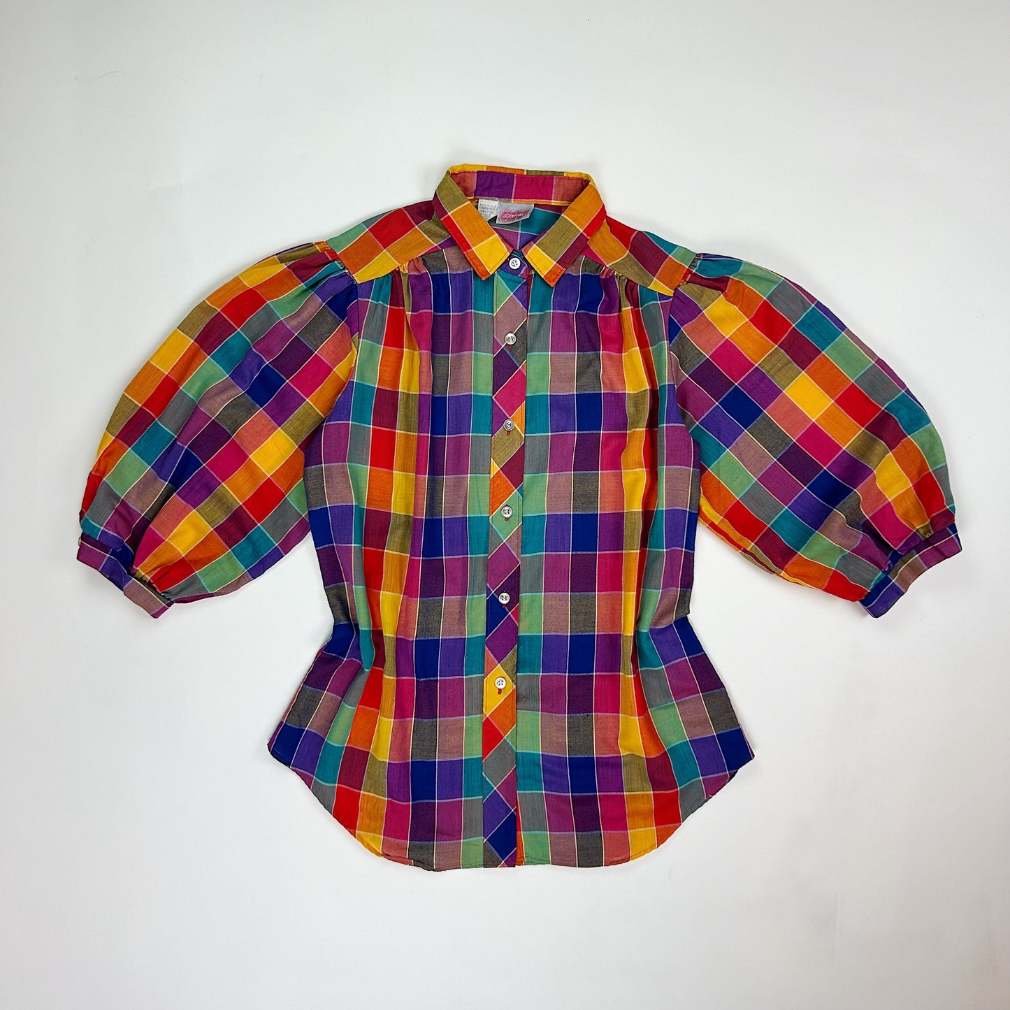 1980's Rainbow Plaid Puff Sleeve