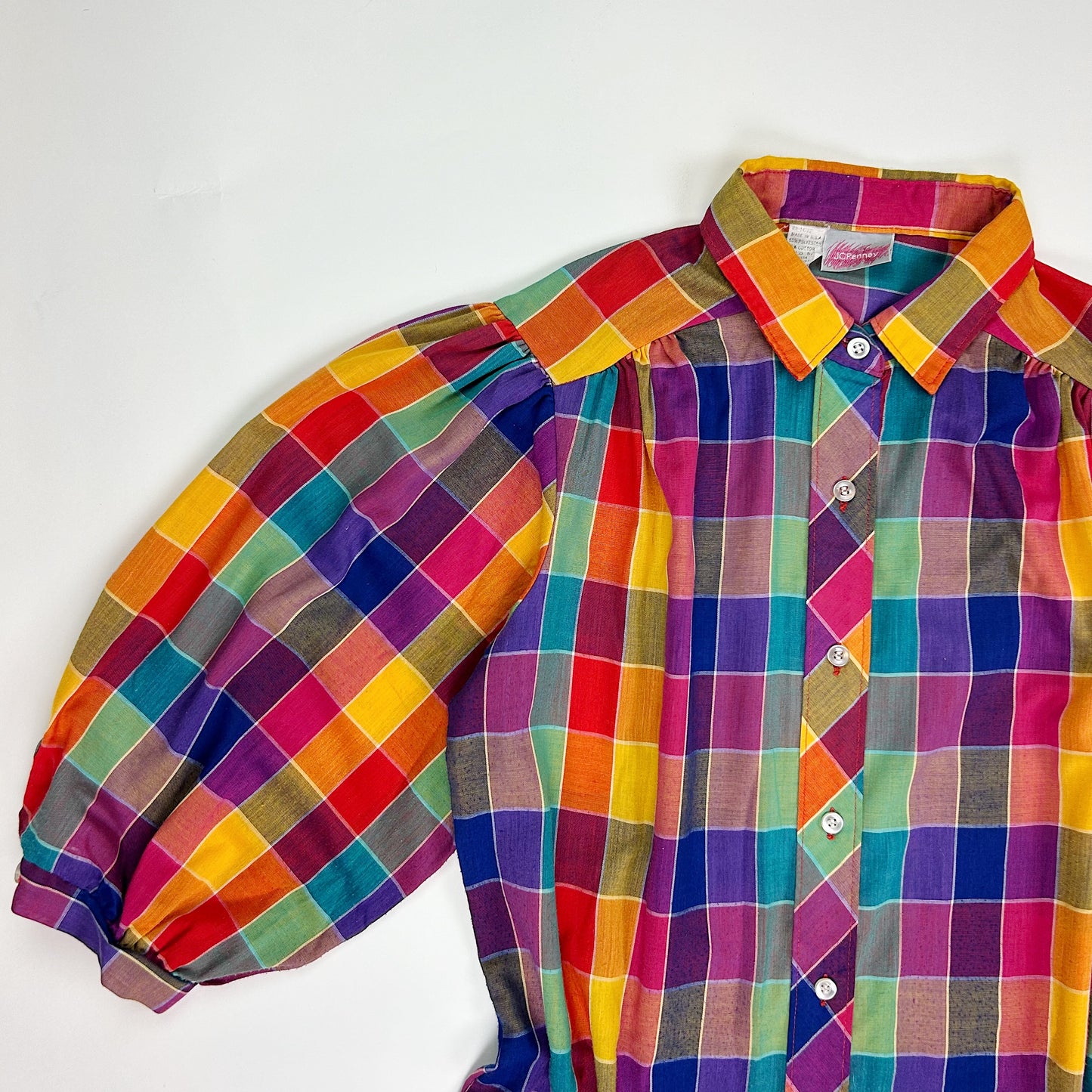 1980's Rainbow Plaid Puff Sleeve
